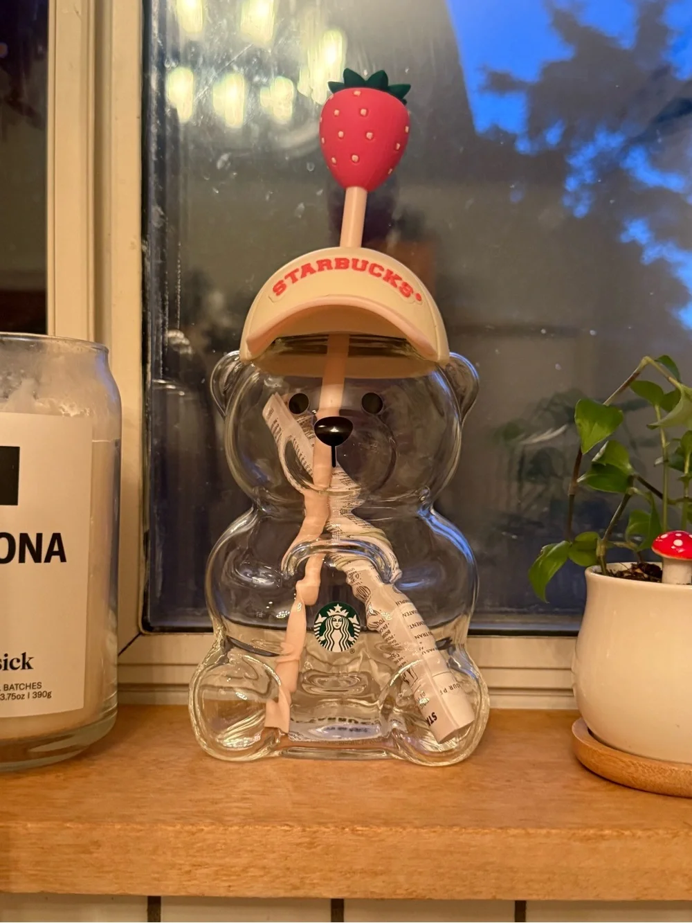 Authentic Starbucks Bearista Bear Glass Pink Drink Strawberry Cup 20 oz.